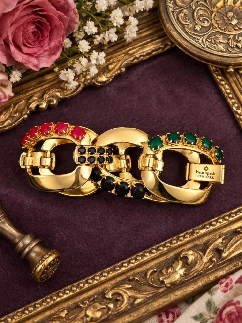 KATE SPADE • Vintage Gold Multicolor Stone Crystal Statement Link Bracelet